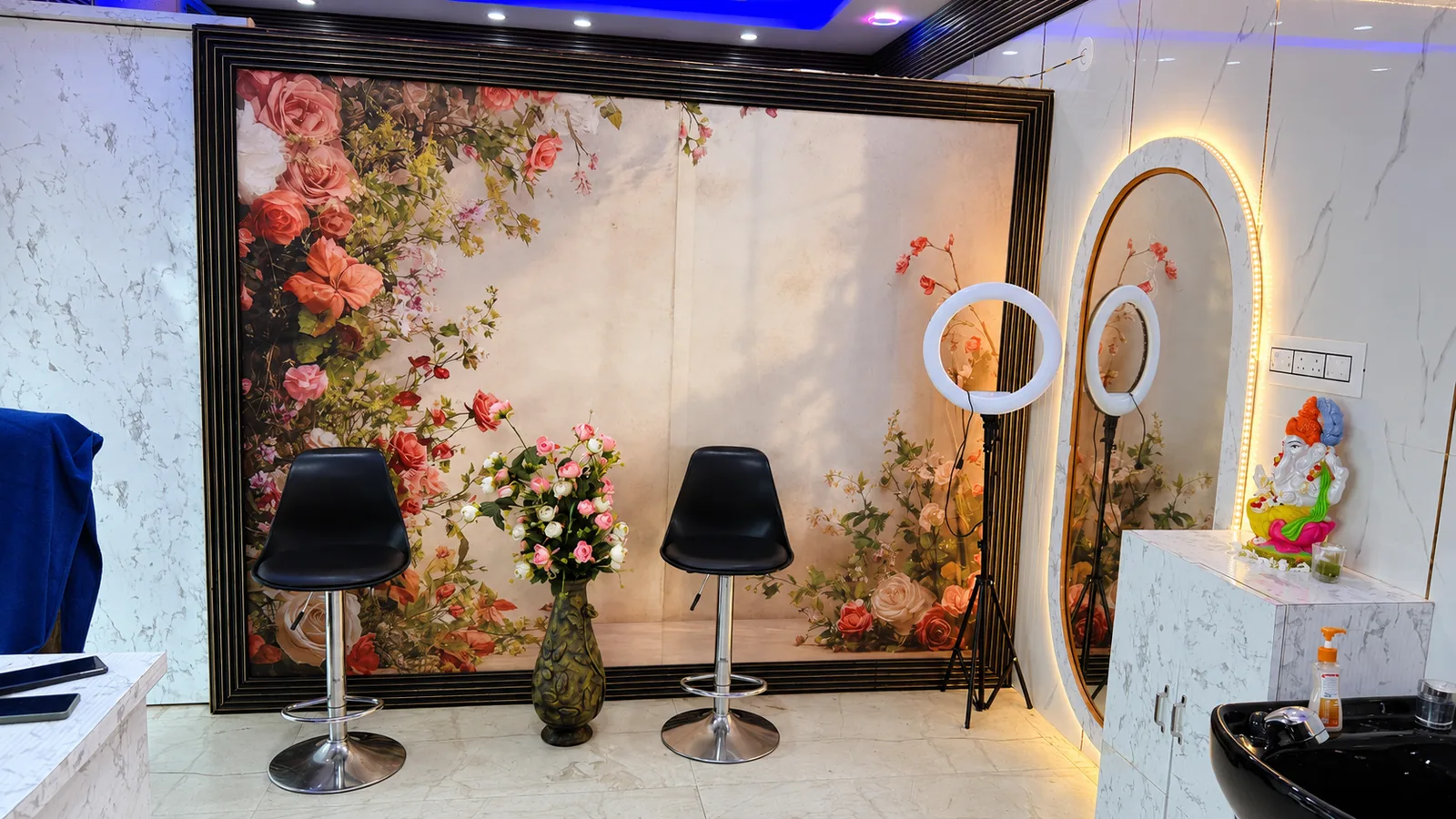 Elegant salon lounge seating and client welcome area